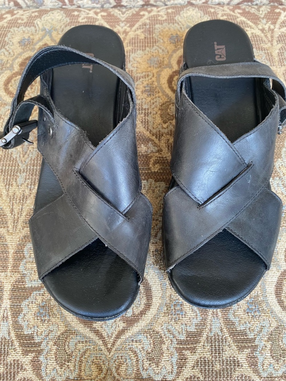 CAT Women’s Black Leather Slingback Sandal Buckle Adjustable Strap Sz 9 Preowned
